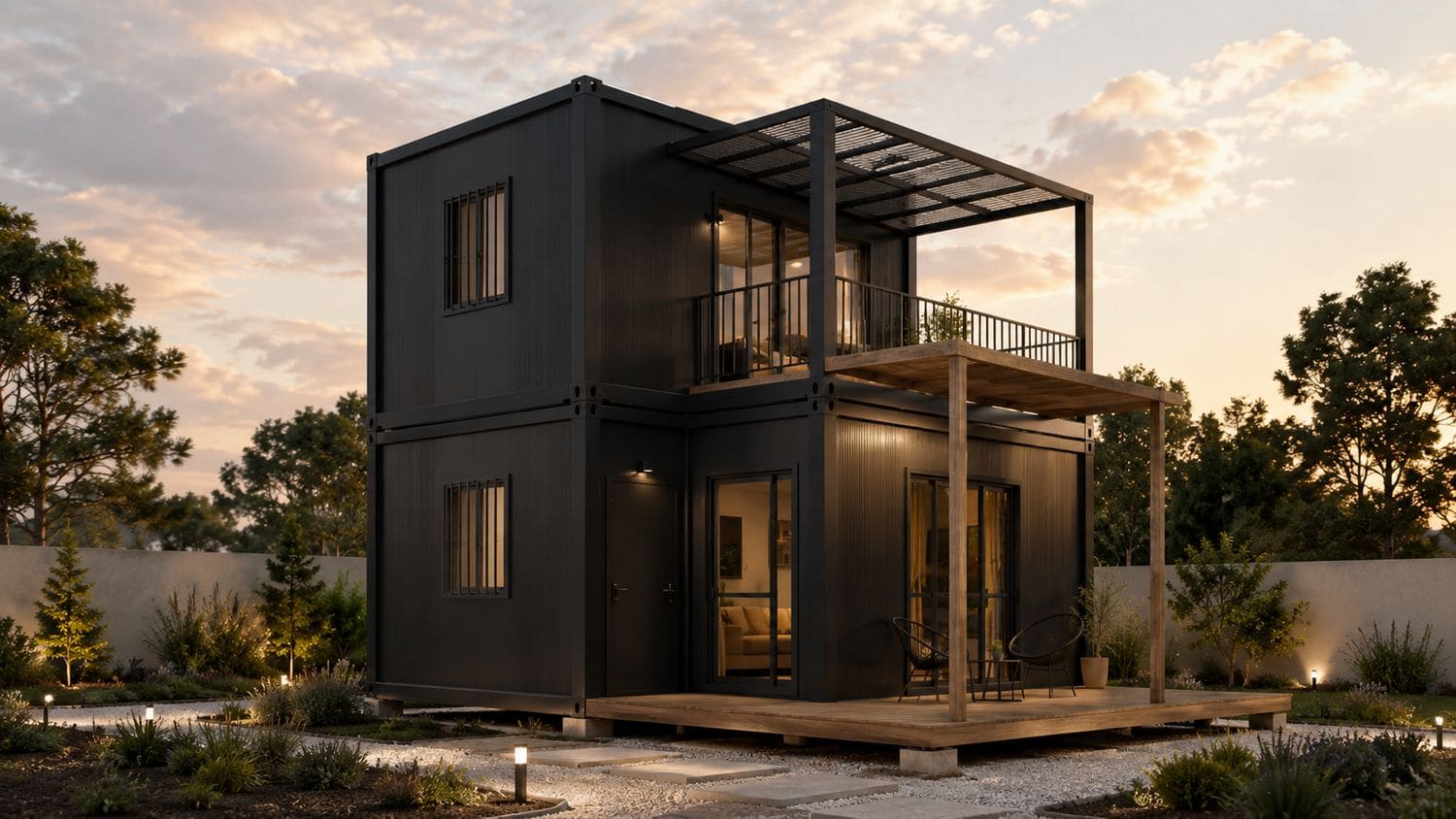 Casa modular MARES: configuración de vivienda modular con deck de madera, pérgola y jardín