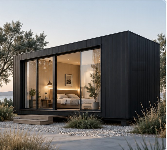 Render de un módulo MARES al atardecer: módulo negro con revestimiento vertical, gran frente vidriado, dormitorio iluminado, deck de madera y jardín junto al agua