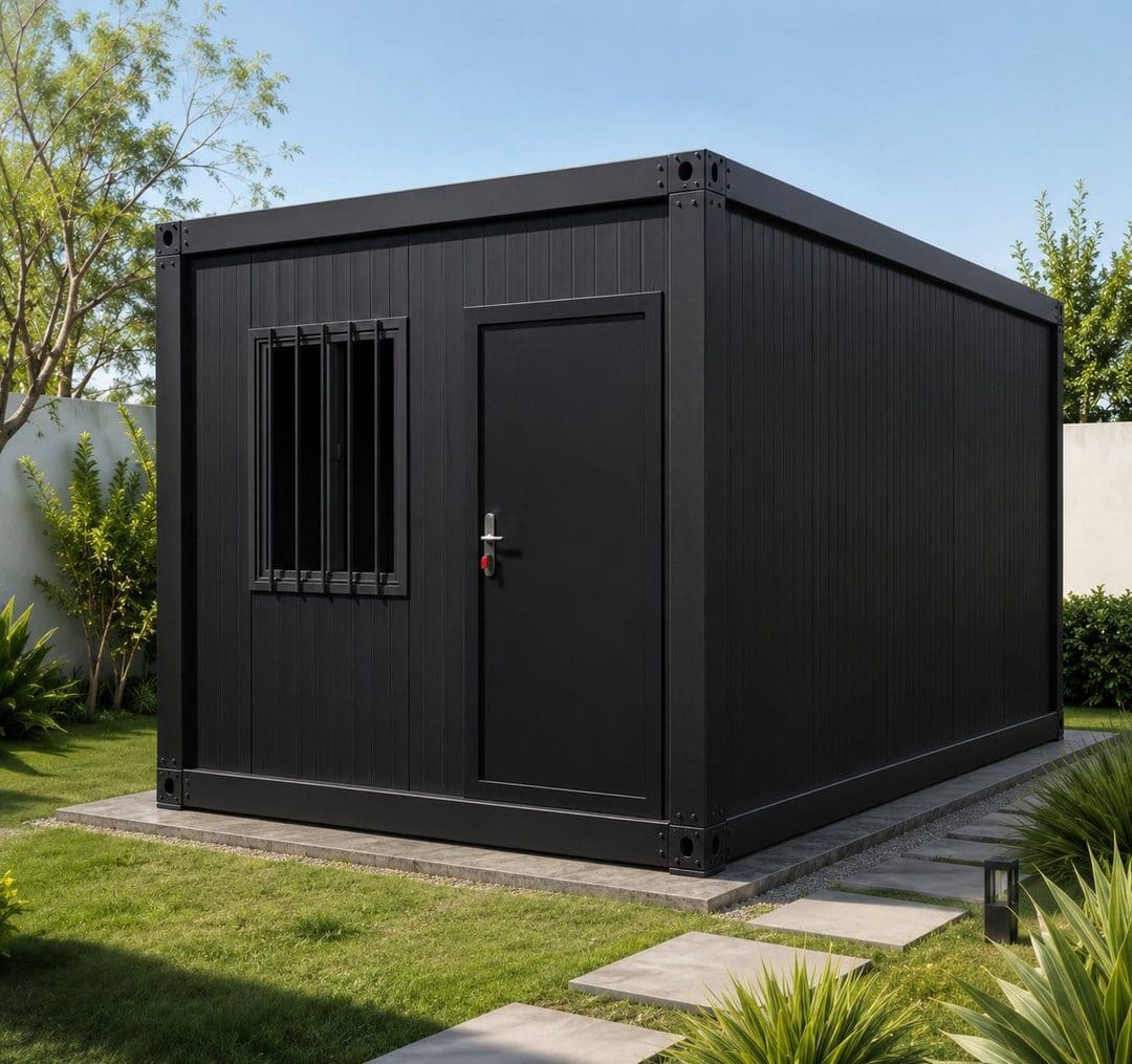 Módulo base MARES de 6 × 3 m en terminación negra, con ventana y puerta, sobre plancha de hormigón
